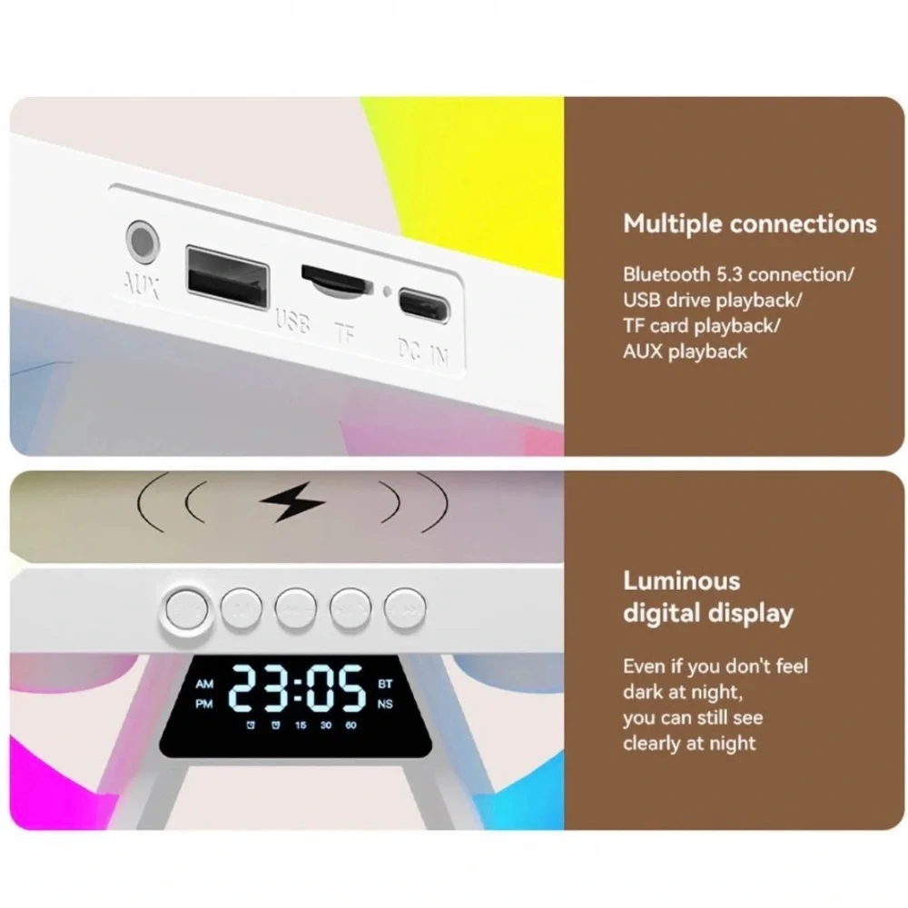 🆕- Led Wireless Charging Speaker/Lamp, Alarm Clock, Sound Machine, Light Modes